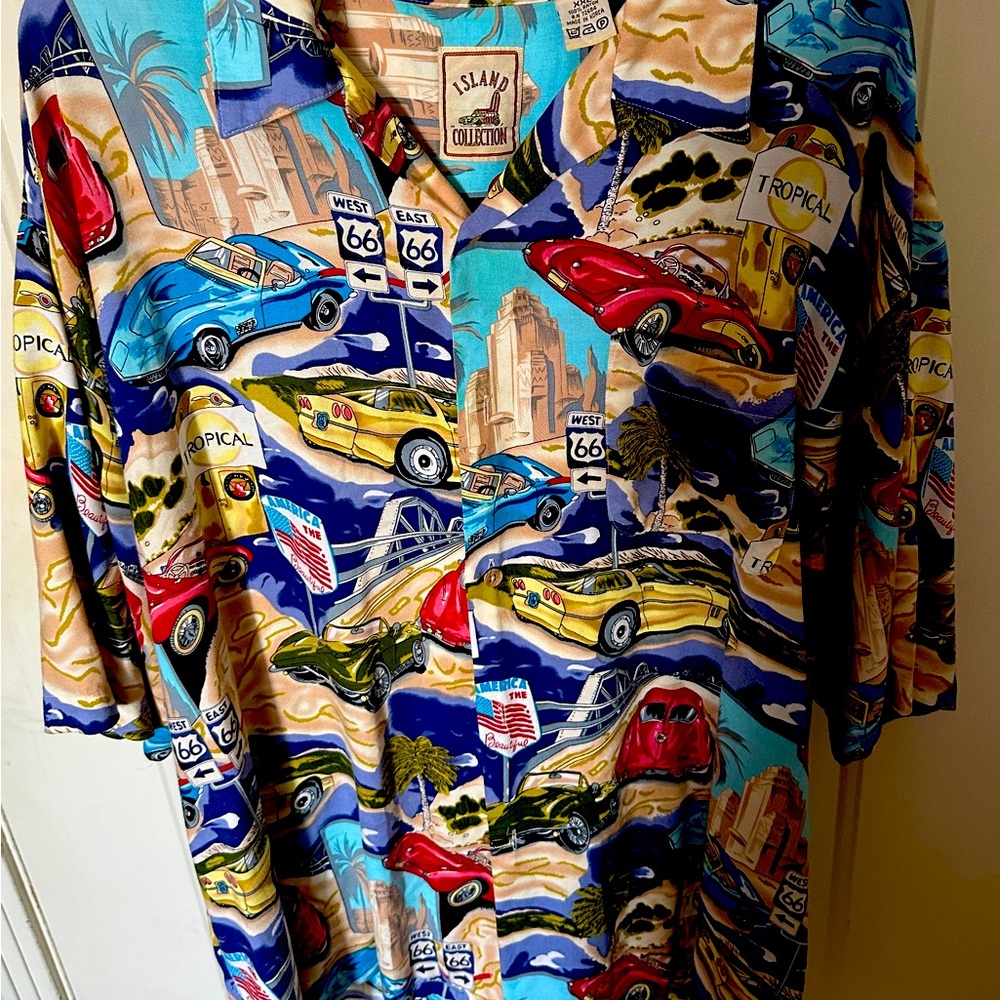Island Connection Rte 66 Classic Corvette Cars Tropical USA Shirt XXL Hawaiian